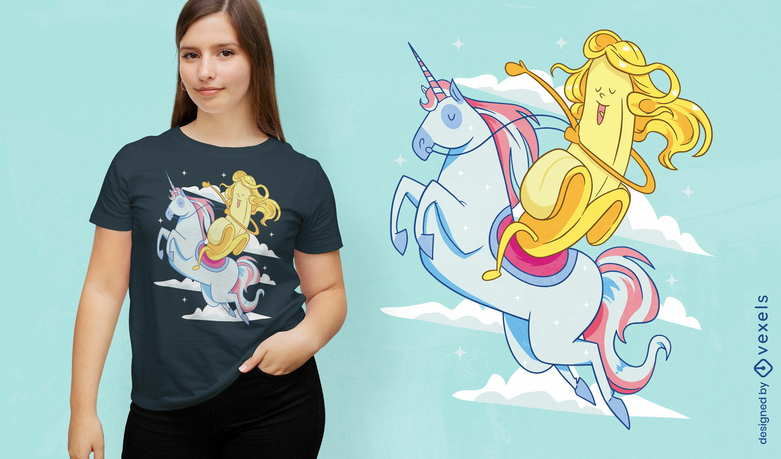 Plátano en diseño de camiseta de dibujos animados de unicornio