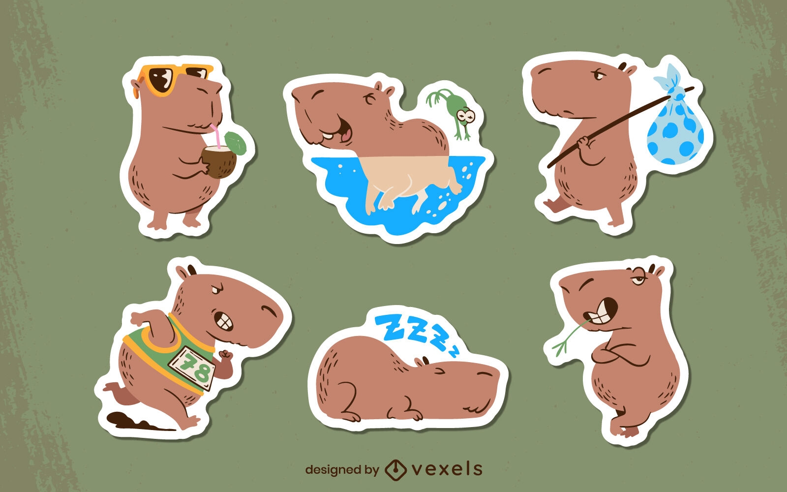 Conjunto de pegatinas de capibaras de dibujos animados