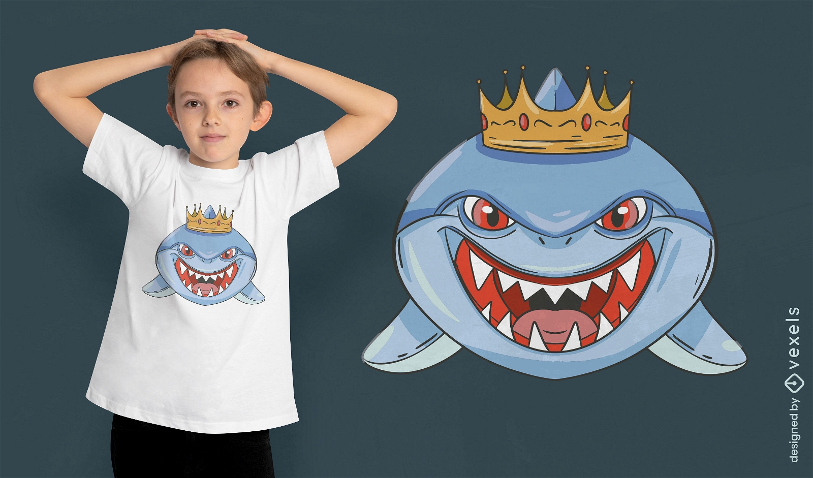 Tubarão de desenho animado com design de camiseta de coroa