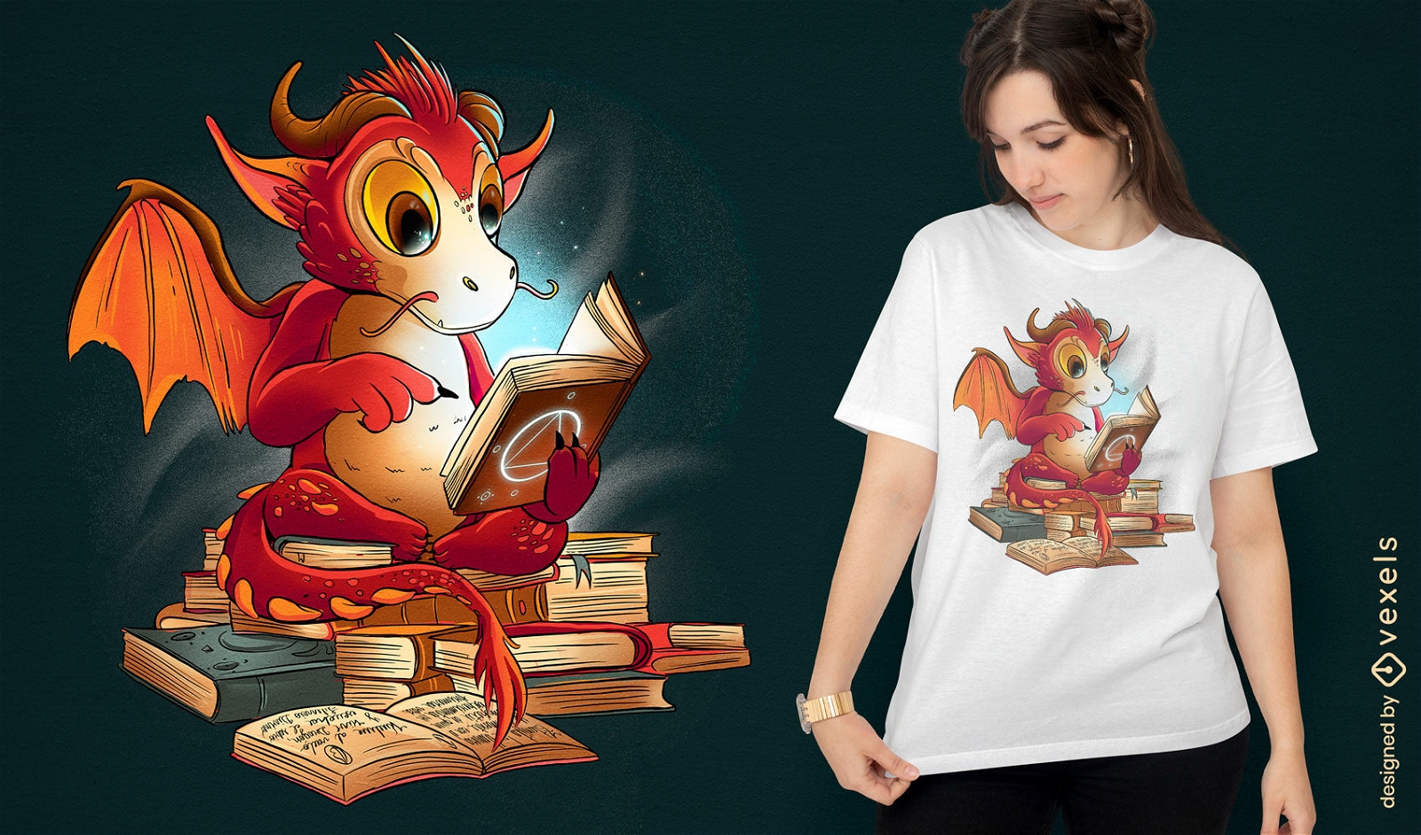 Lendo design de camiseta de fantasia de dragão