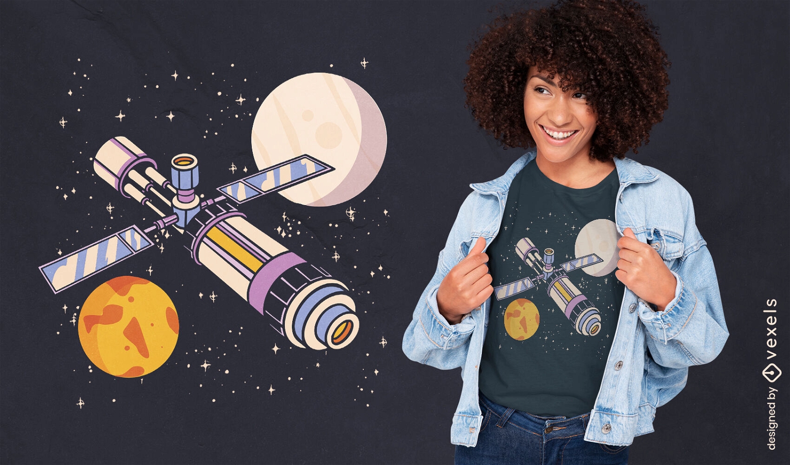 Diseño de camiseta de naves espaciales y planetas en el espacio.