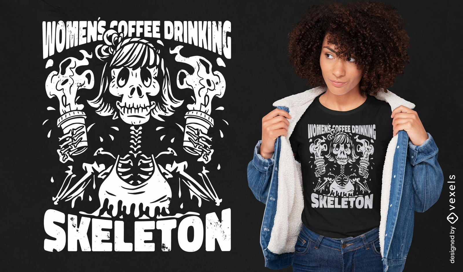 Mulher esqueleto bebendo design de camiseta de café