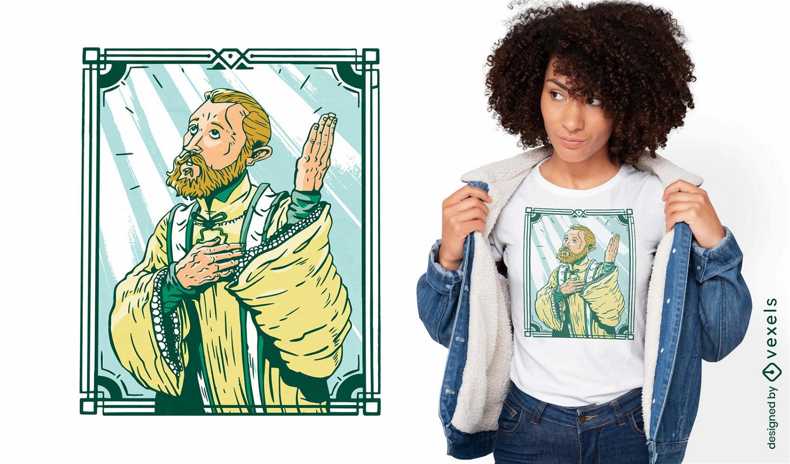 Diseño de camiseta de retrato de sacerdote rezando