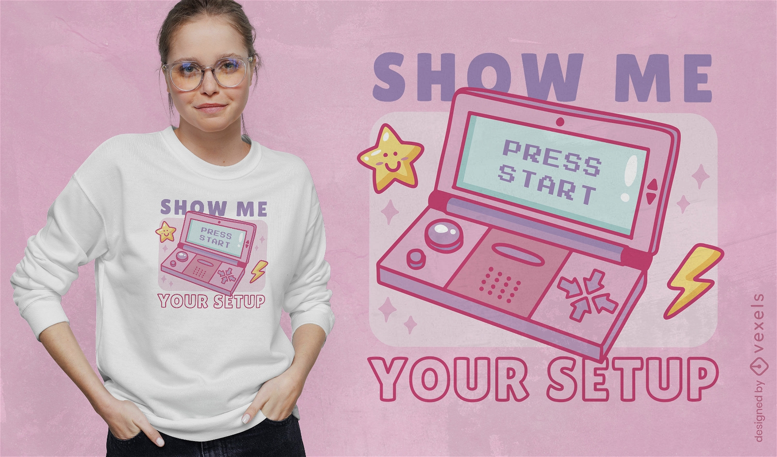Diseño de camiseta de consola de juegos rosa.