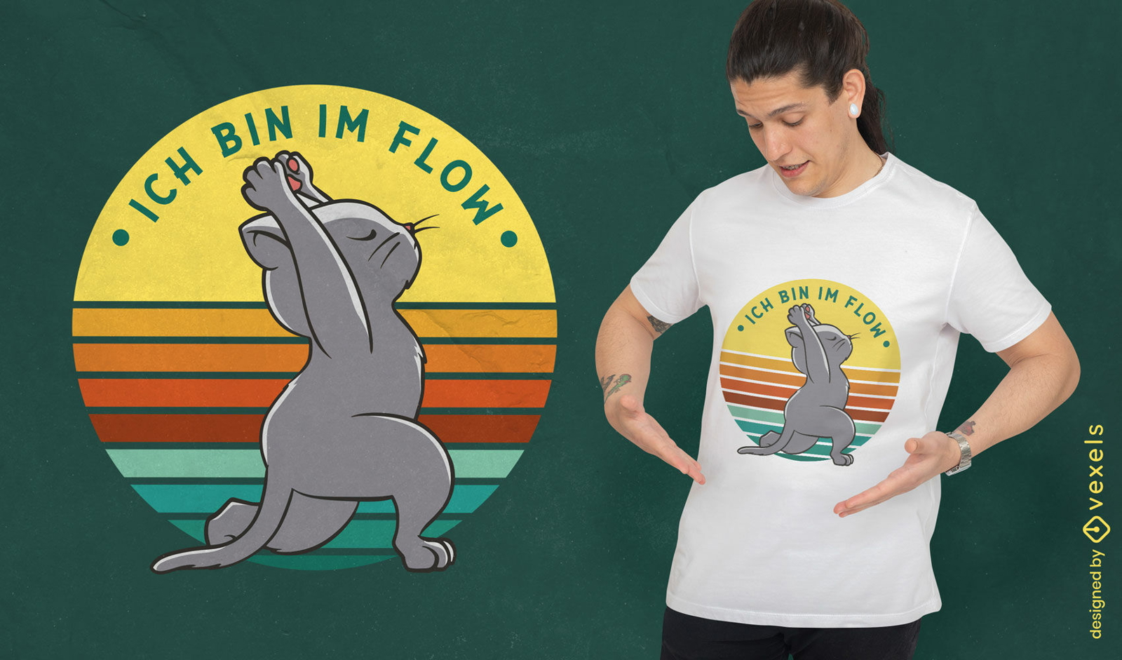 Gato haciendo yoga diseño de camiseta retro puesta de sol