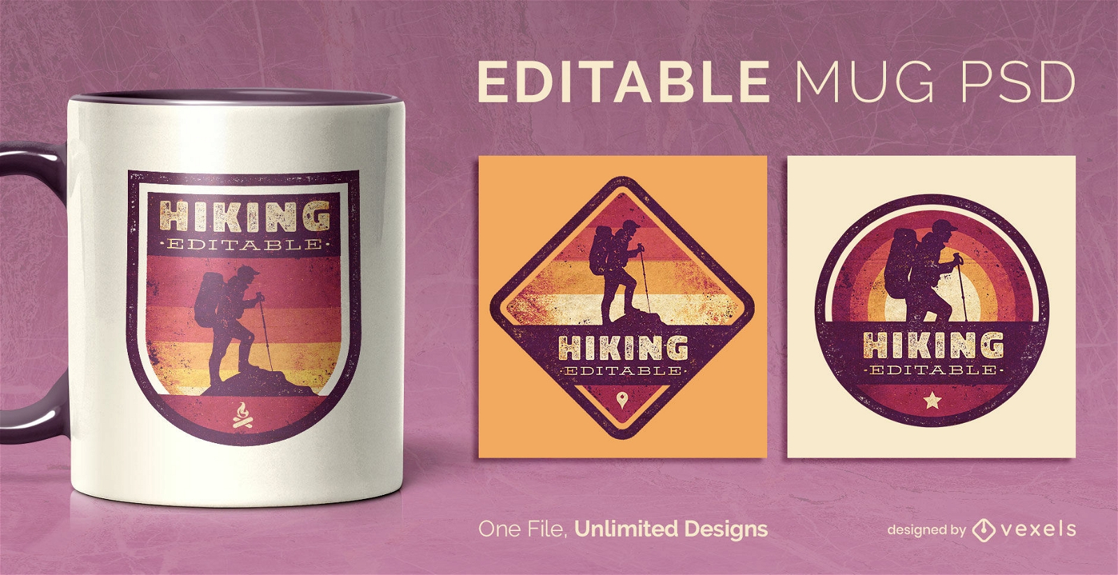 Retro sunset hiking scalable mug template