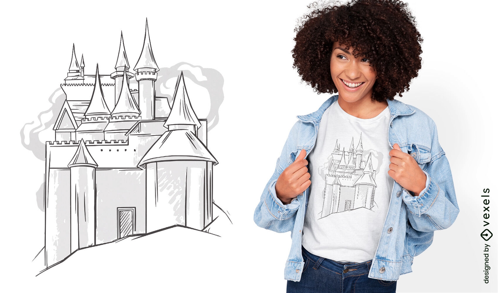 Design de t-shirt de esbo?o de castelo medieval