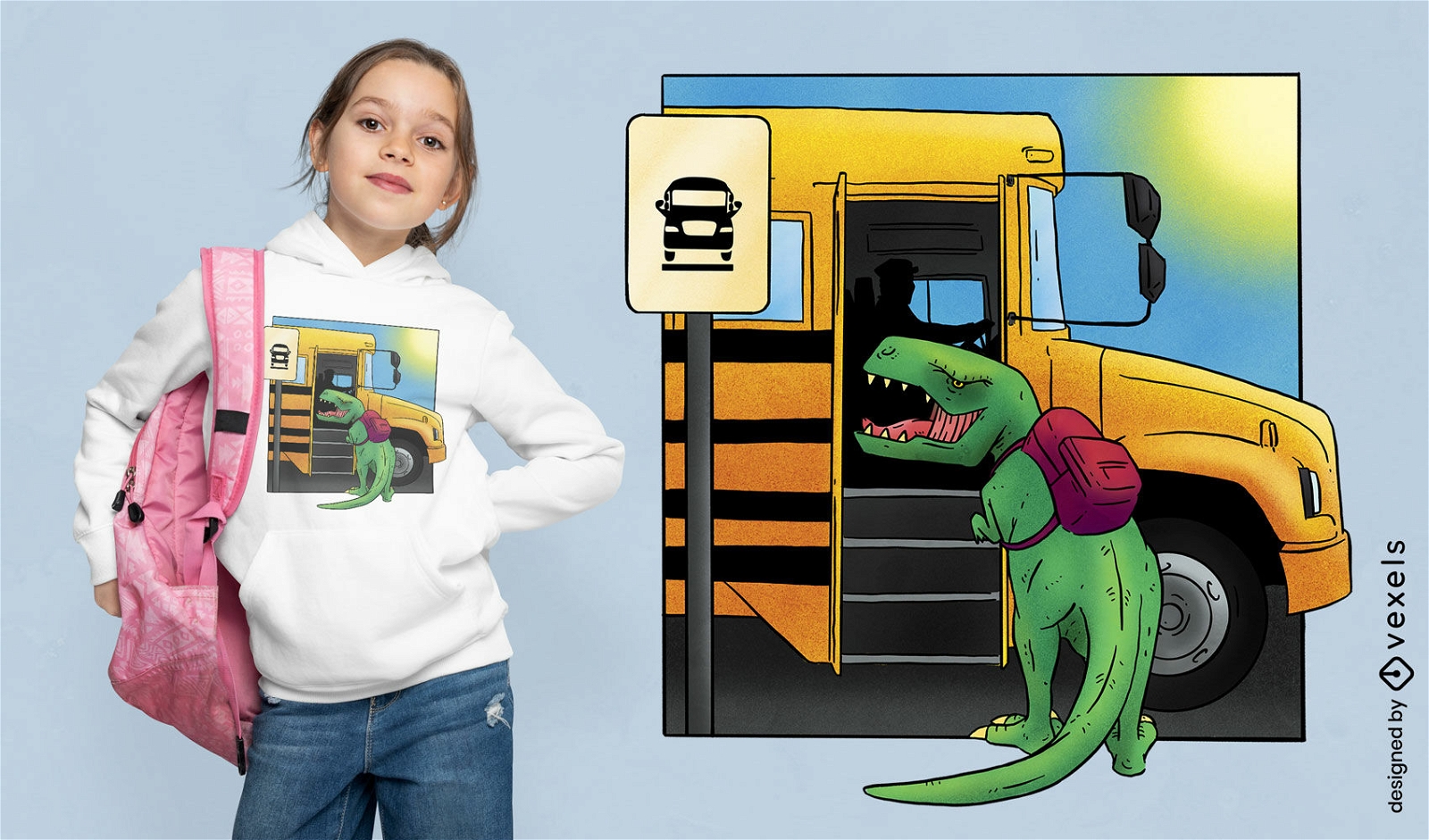 Dinossauro no design de camiseta de ônibus escolar