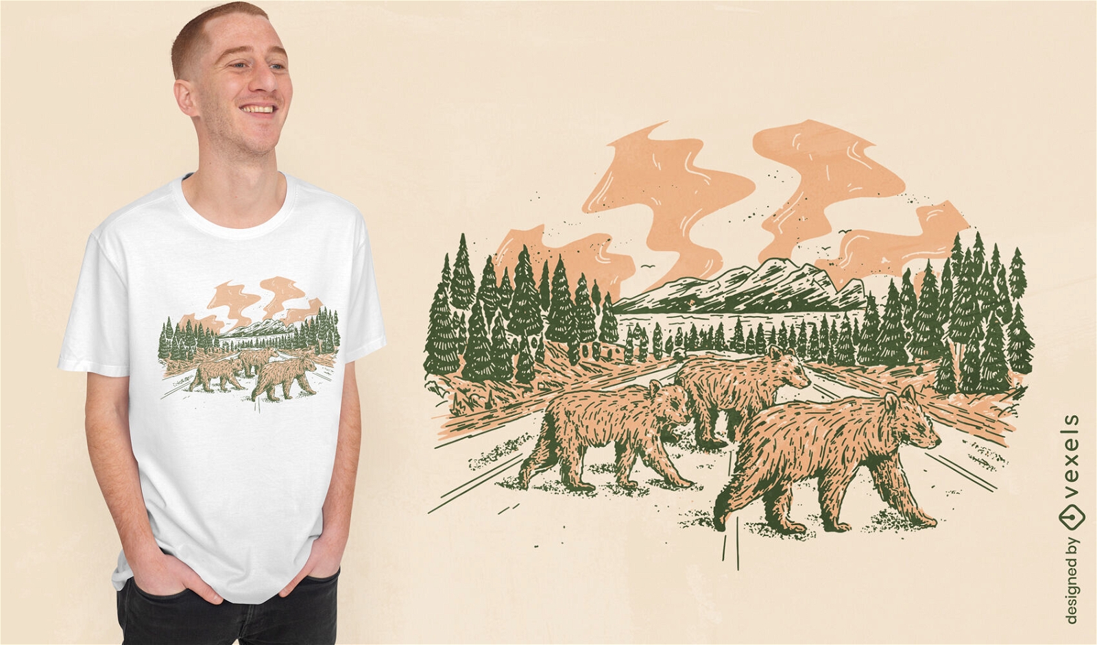 Animais de urso no design de t-shirt da estrada
