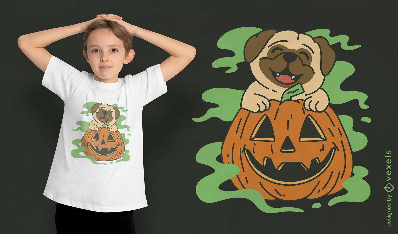 Cão Pug com design de t-shirt de abóbora de halloween