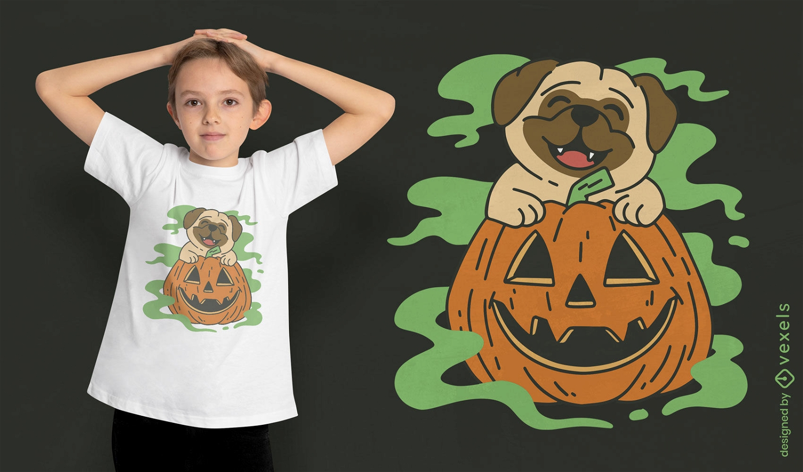 Pug-Hund mit Halloween-Kürbis-T-Shirt-Design