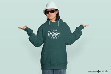 Asian woman with sunglasses and hat mockup