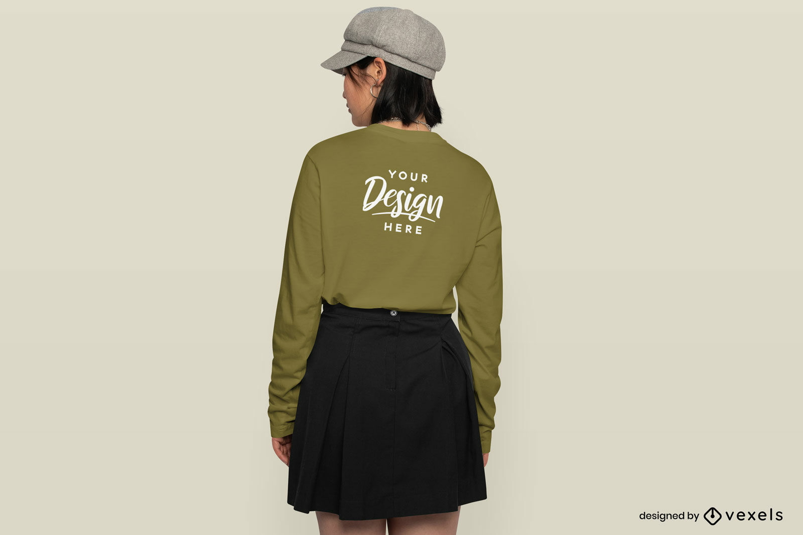 Girl with skirt and long sleeve t-shirt back mockup