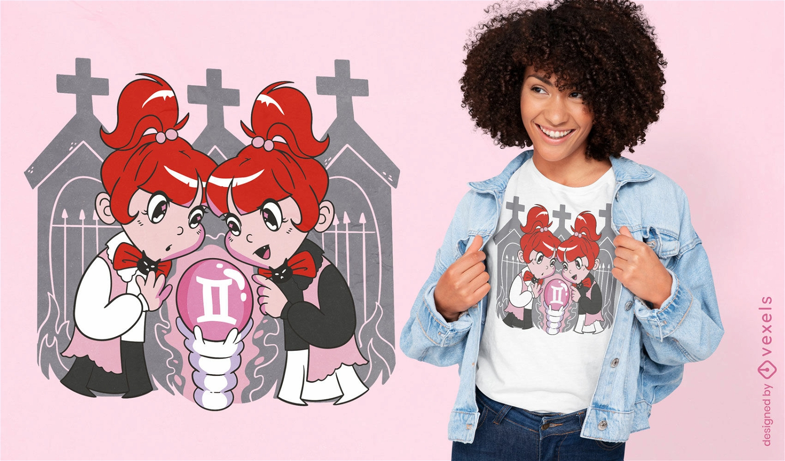 Meninas no design de t-shirt do zodíaco de gêmeos do cemitério