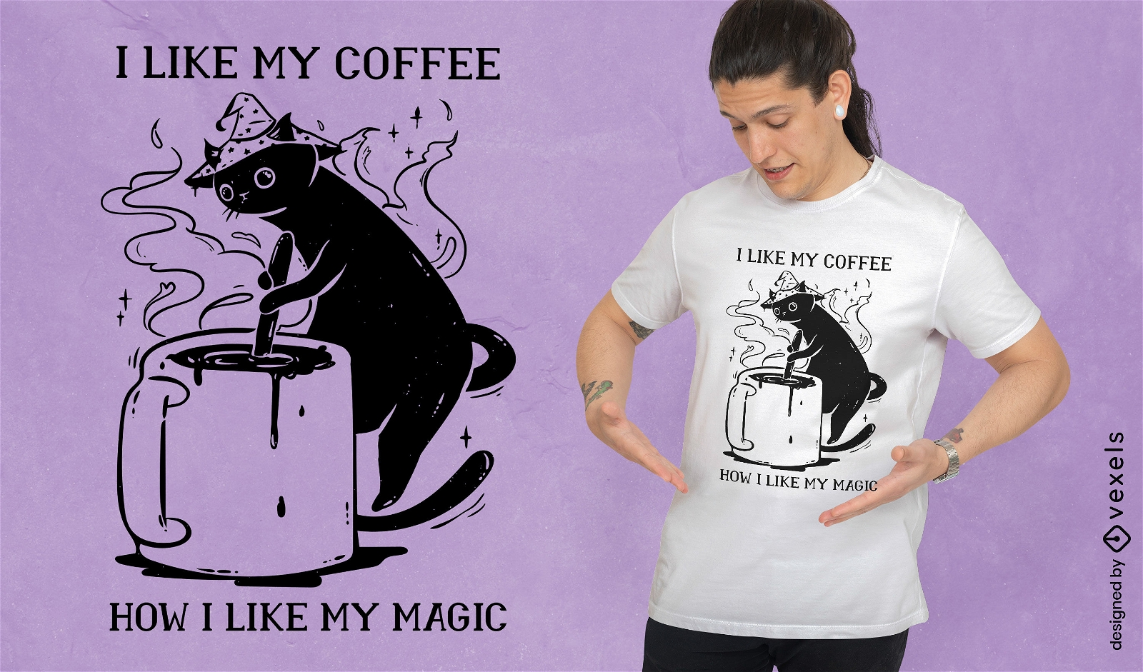 Diseño de camiseta de gato de café y magia negra.