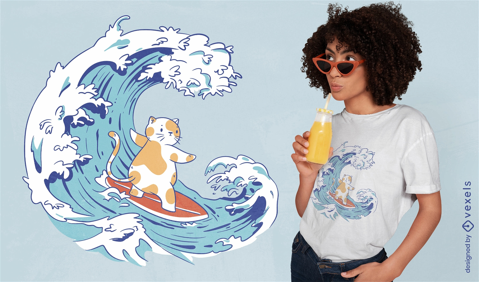 Design de camiseta de onda de gato surfista