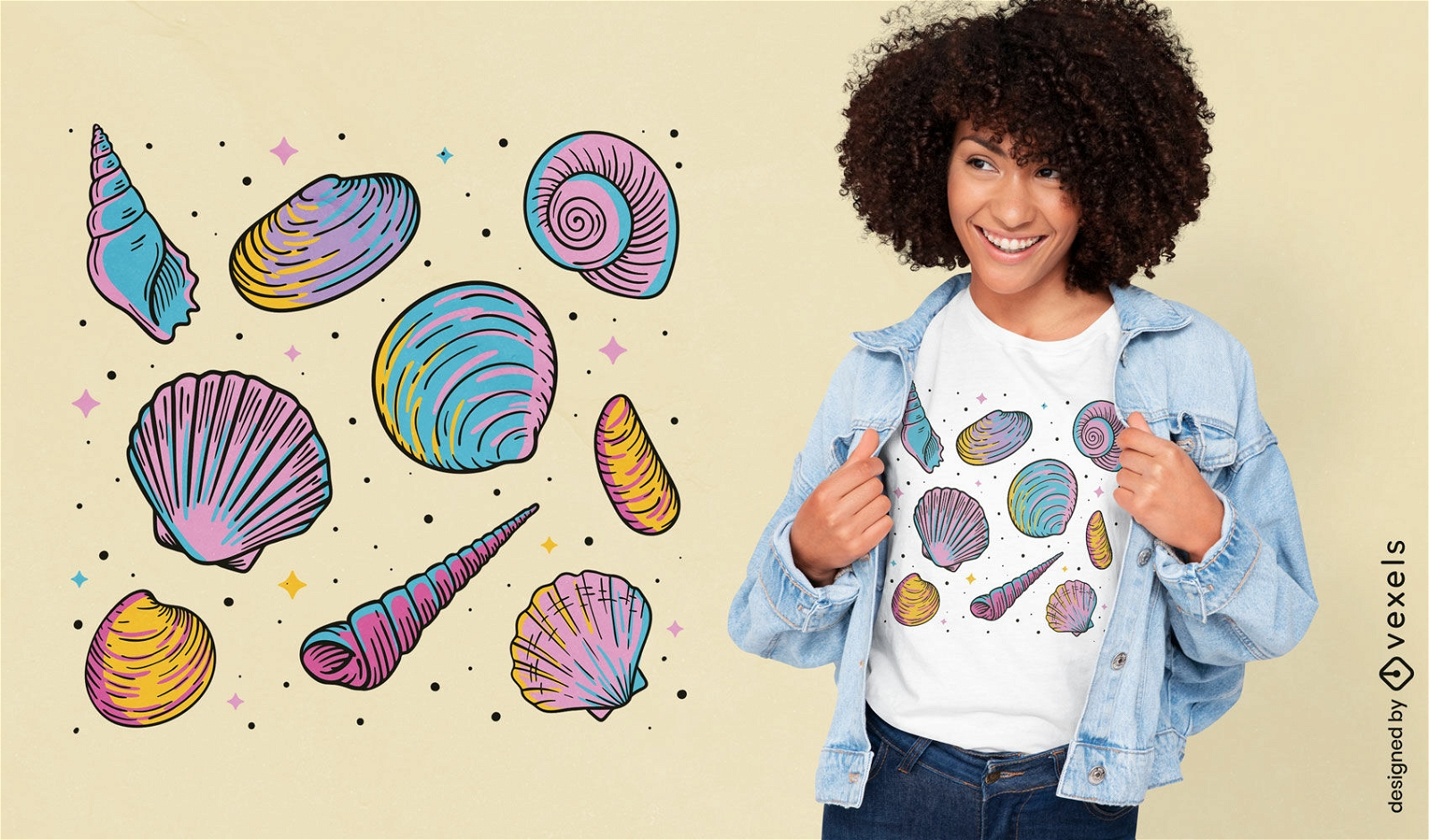 Design de t-shirt de natureza de conchas coloridas