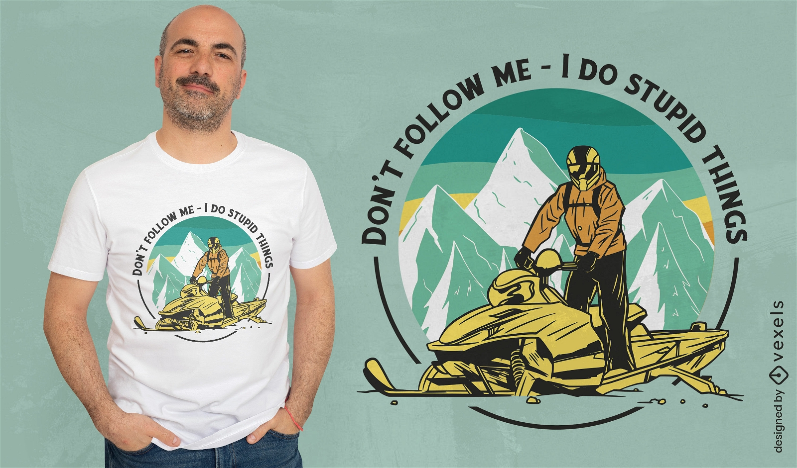 Design de camiseta de snowmobile e montanhas