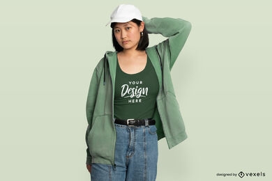 Asian girl with jeans and tank top mockup