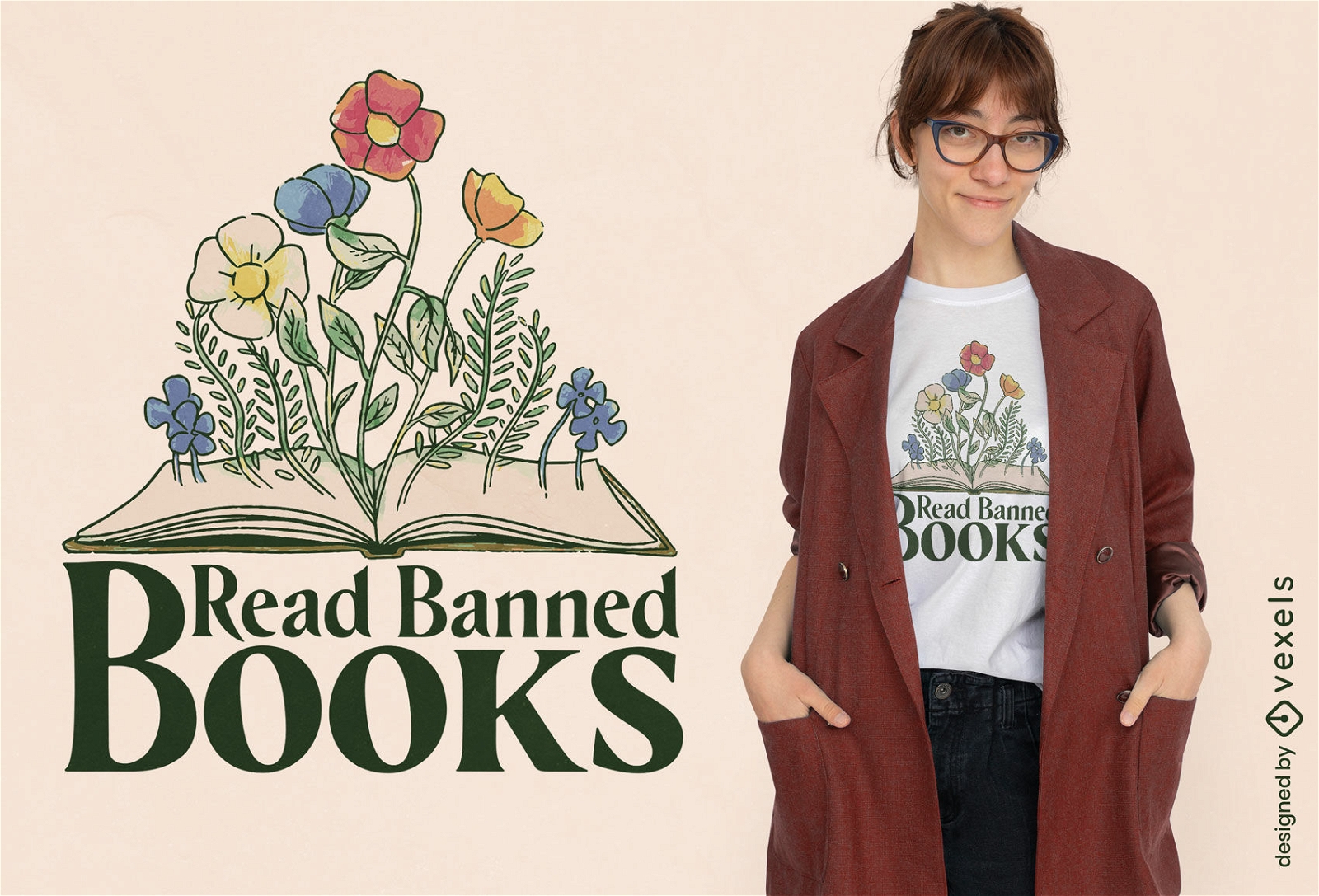 Flores silvestres saindo do design da camiseta do livro