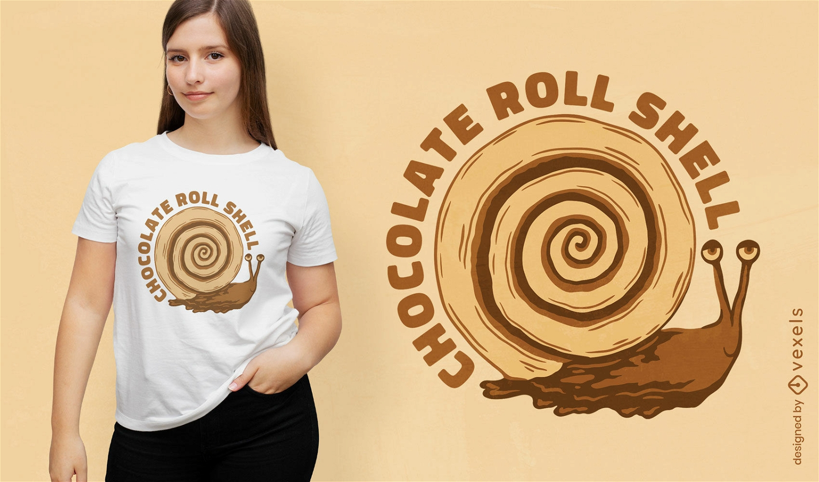 Diseño de camiseta de caracol con rollo de chocolate.