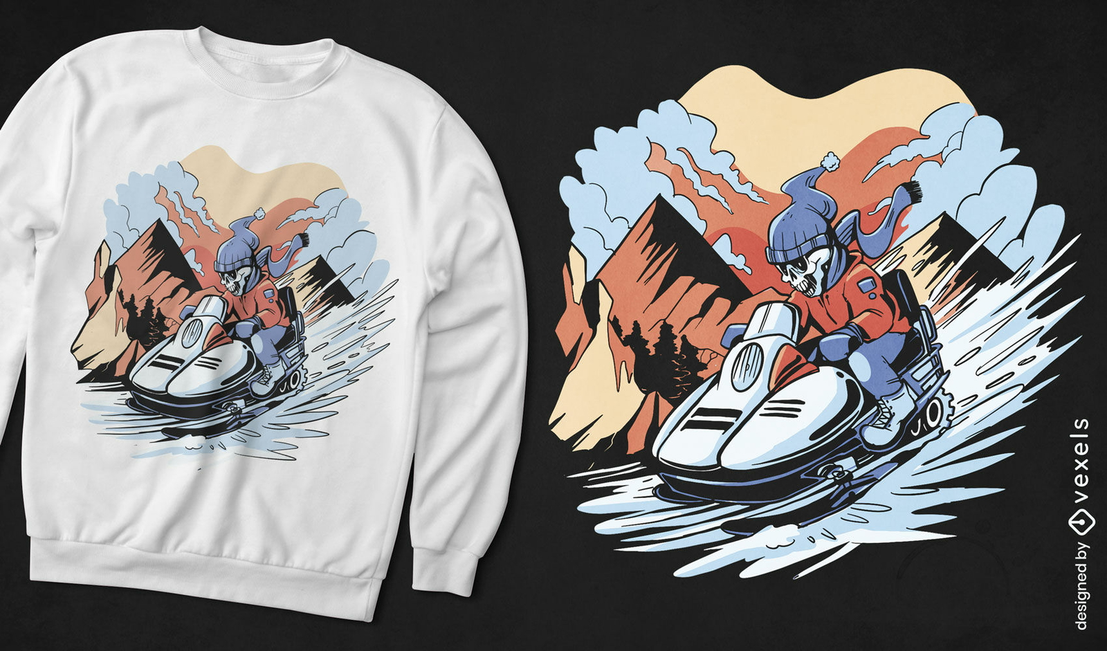 Diseño de camiseta de esqueleto de moto de nieve.