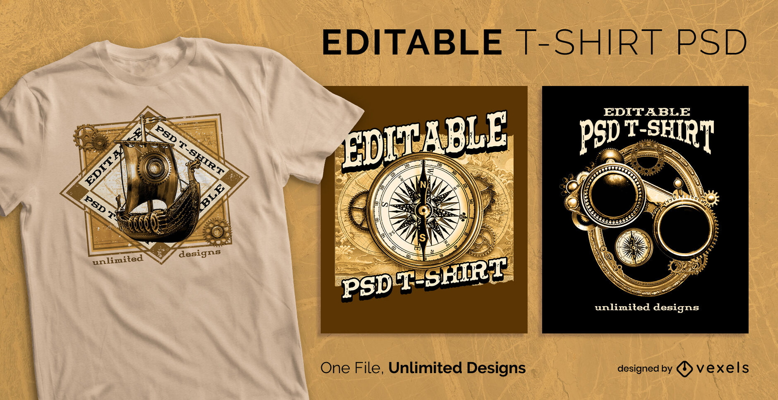 Camiseta escalable brújula steampunk psd