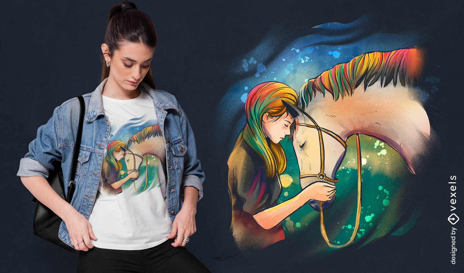 Diseño de camiseta de pelo colorido de niña caballo.