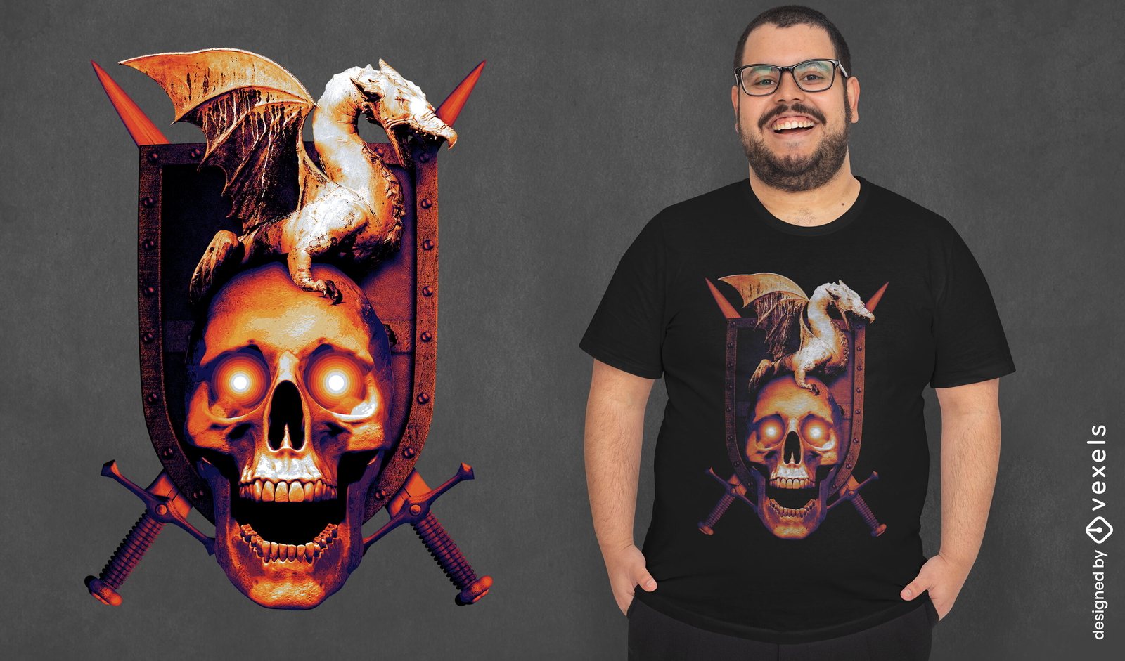 Diseño de camiseta psd de escudo calavera y dragón