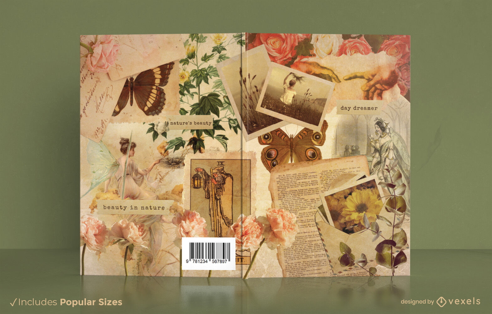 Design de capa de livro de borboletas e flores de conto de fadas