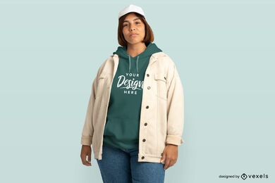 Woman with jacket and hat hoodie mockup