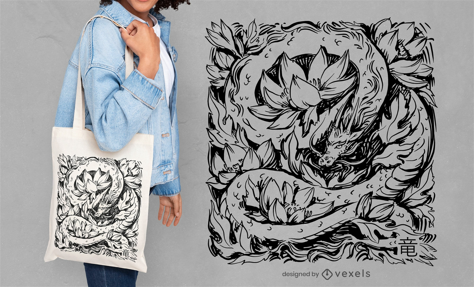 Diseño de tote bag dragón y flores.