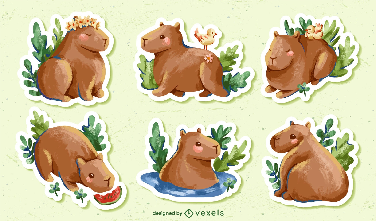 Watercolor capybara stickers set