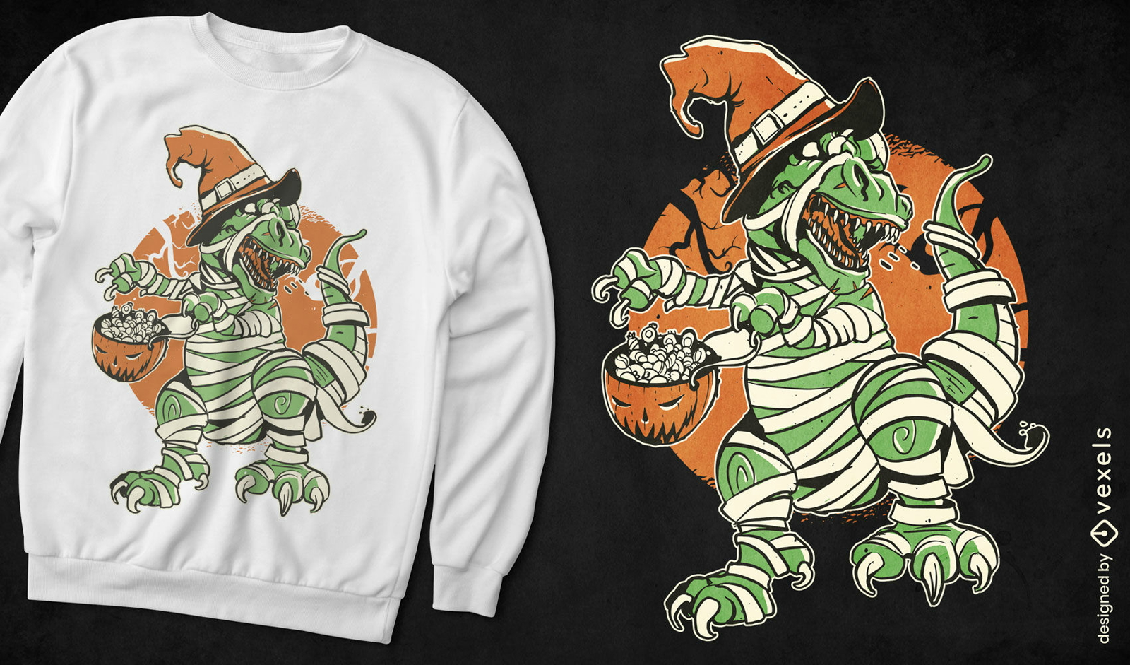 Diseño de camiseta de momia t-rex de halloween