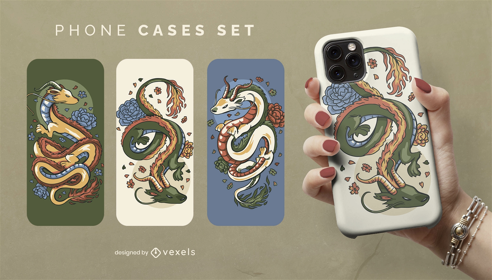 Conjunto de capas de telefone de dragões e flores asiáticos