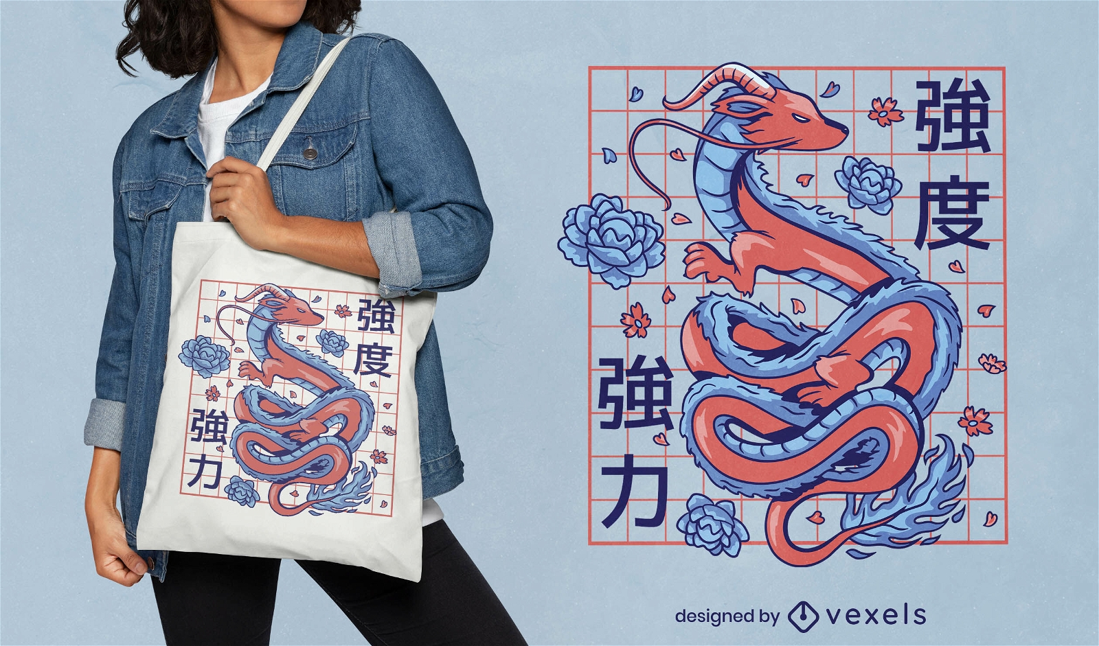 Red dragon Asian tote bag design