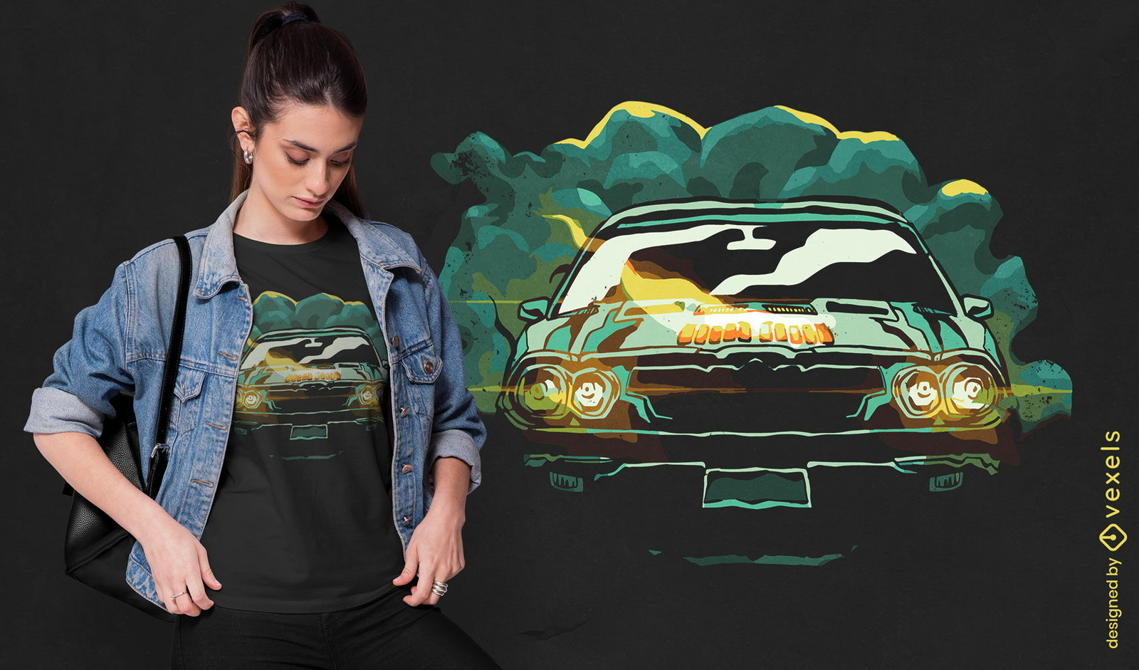 Design de camiseta de ilustração de carro em quadrinhos escuro