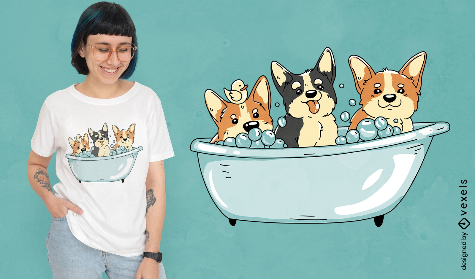 Diseño de camiseta de perros corgi de baño.