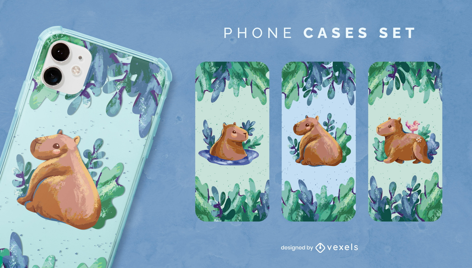 Conjunto de capas de telefone em aquarela de capivara