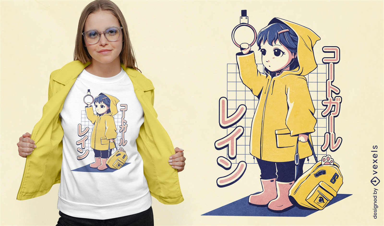 Design de t-shirt de capa de chuva amarela menina anime