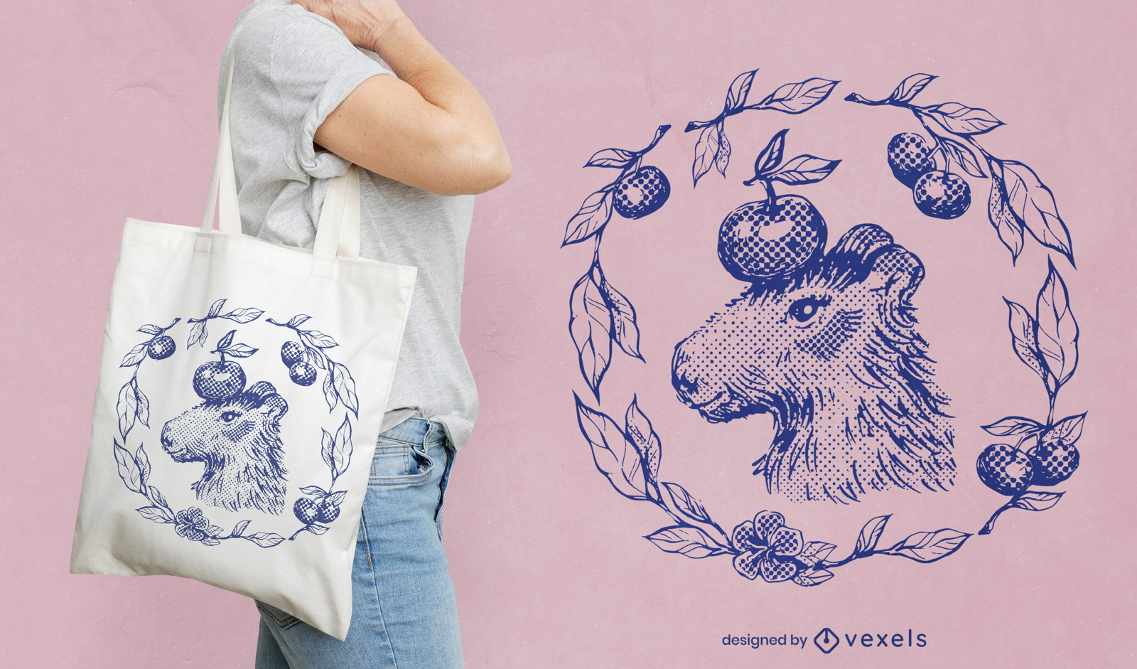 Diseño de bolso tote animal carpincho con manzanas