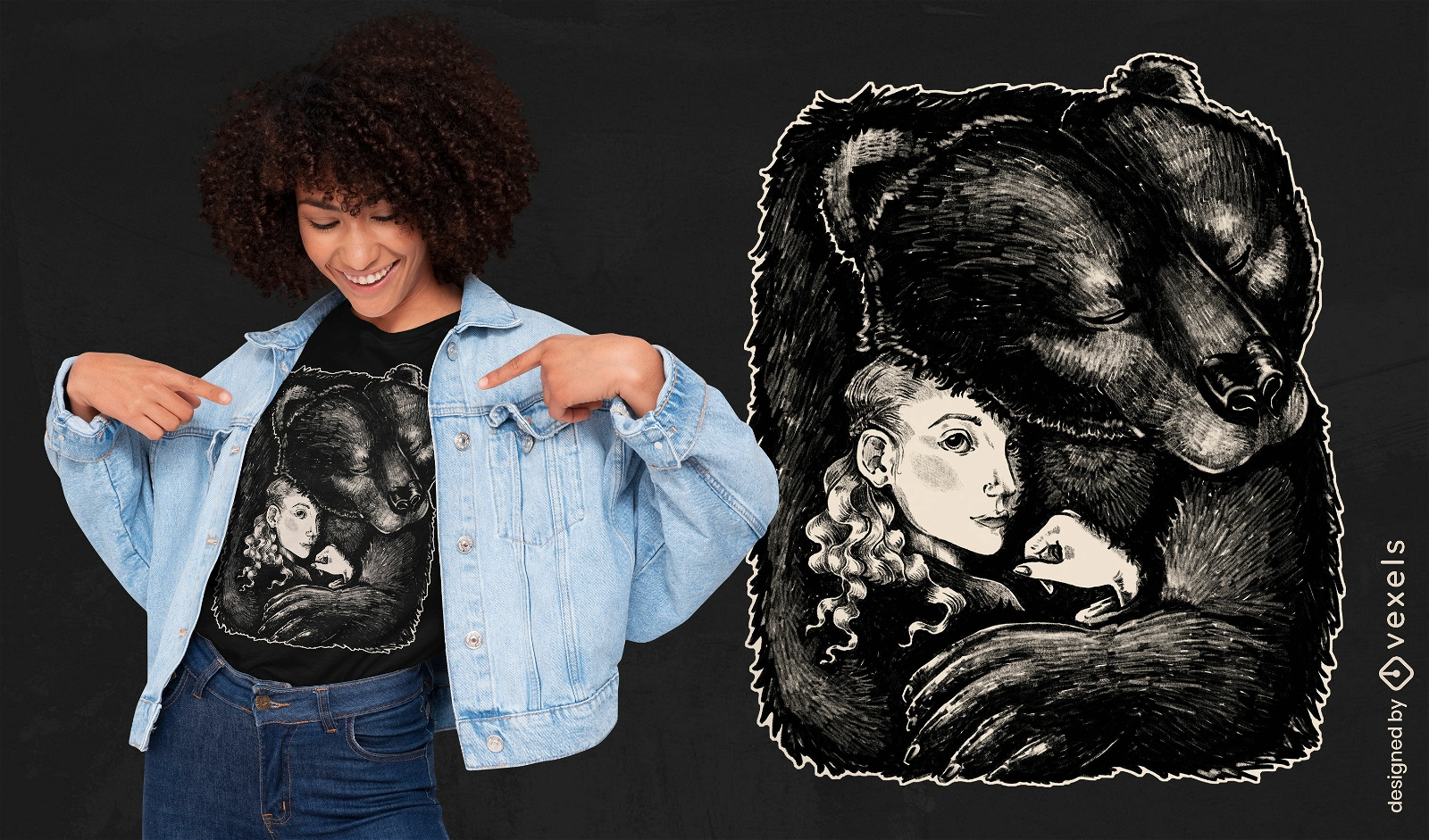 Diseño de camiseta con ilustración de mujer y oso.