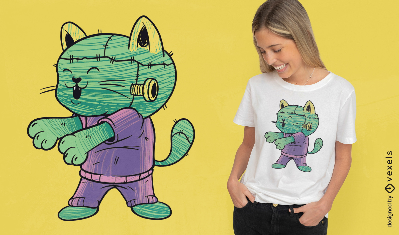 Diseño de camiseta de gato Frankenstein