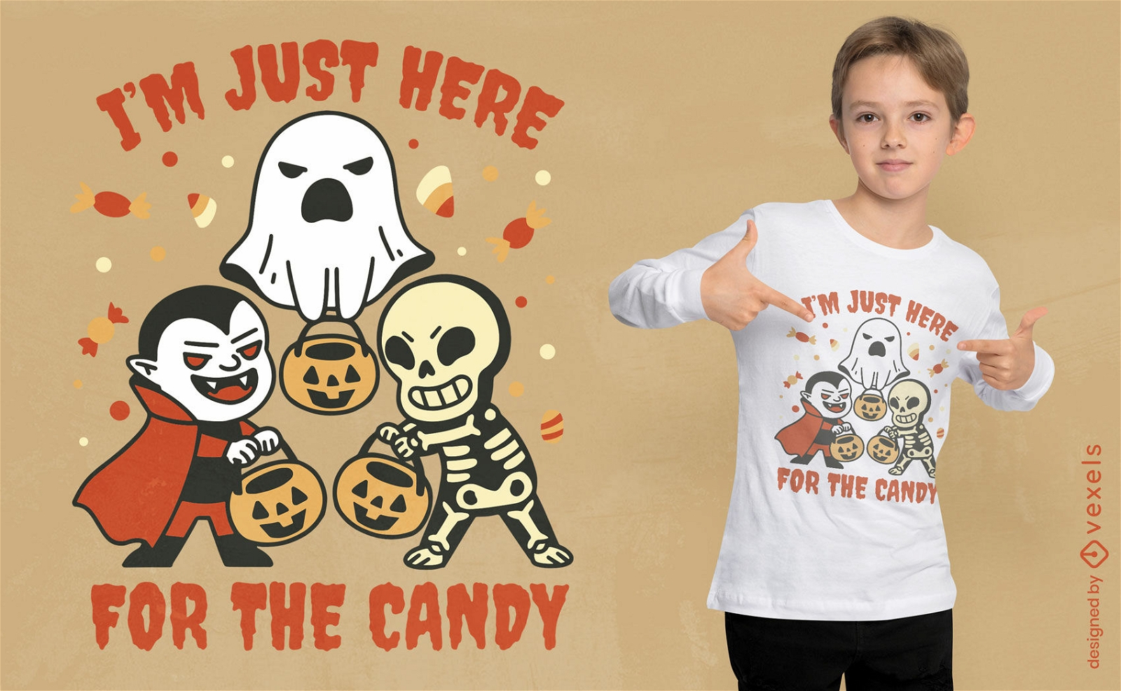 Diseño de camiseta de dulces de personajes de halloween.
