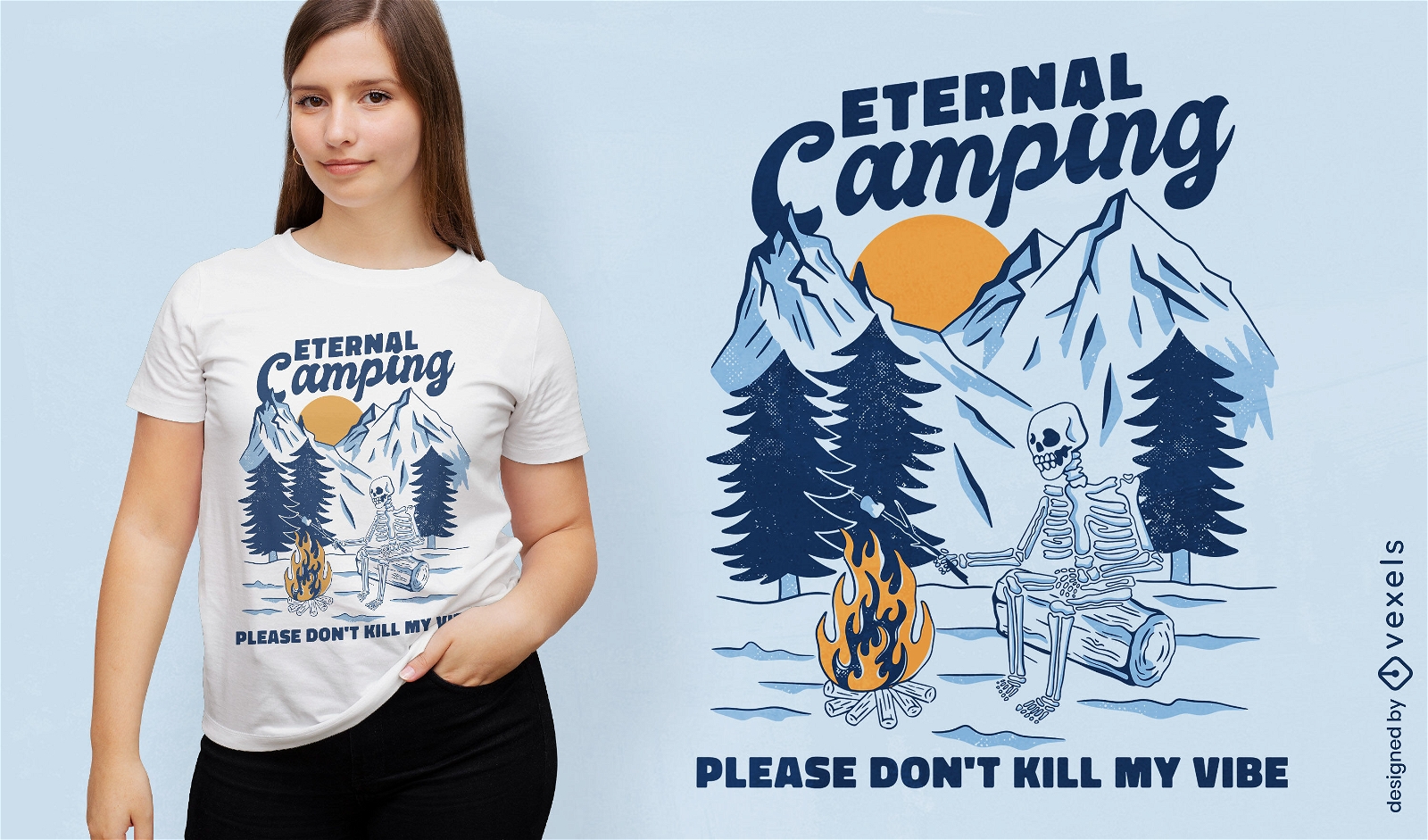 Esqueleto acampando em design de camiseta de montanhas