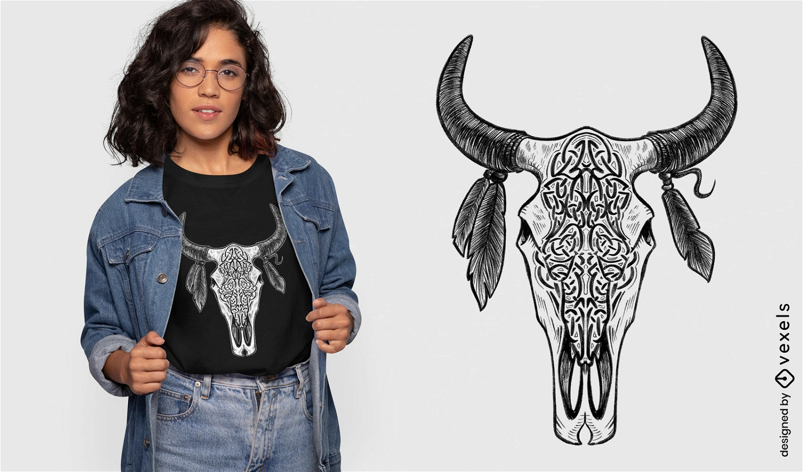 Crânio de touro com design de camiseta de penas