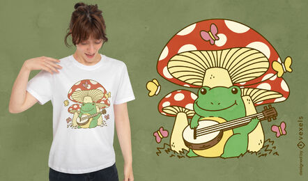 Design de camiseta de sapo de cogumelo tocando banjo