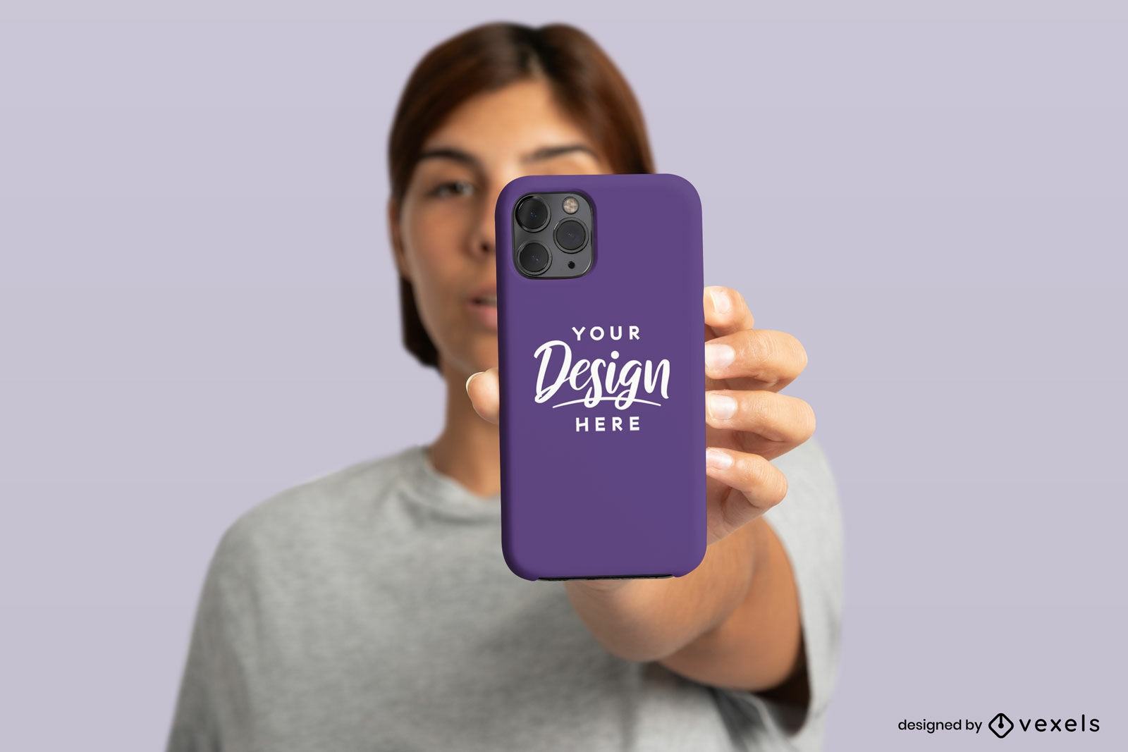 Brown hair woman with phone case mockup