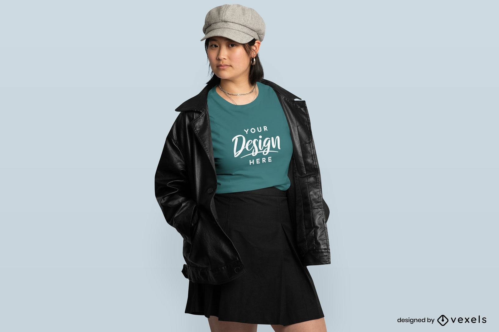 Asian girl in leather jacket and t-shirt mockup