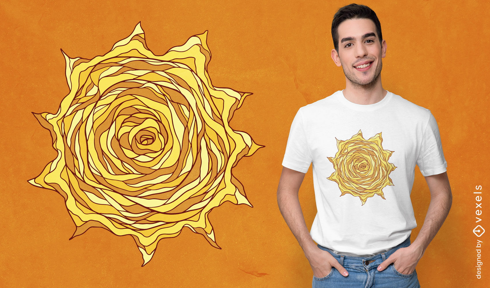 Diseño de camiseta de sol amarillo geométrico.